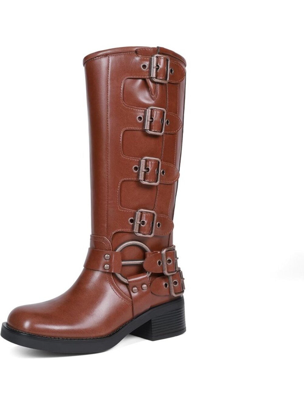 Women's Brown Faux Leather Adjustable Buckles Low Chunky Heel Knee High Boots